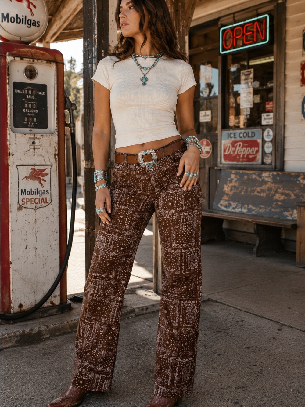 CALI 1850 NWT Brown Bandana Paisley Western Wide Leg Jeans Pants